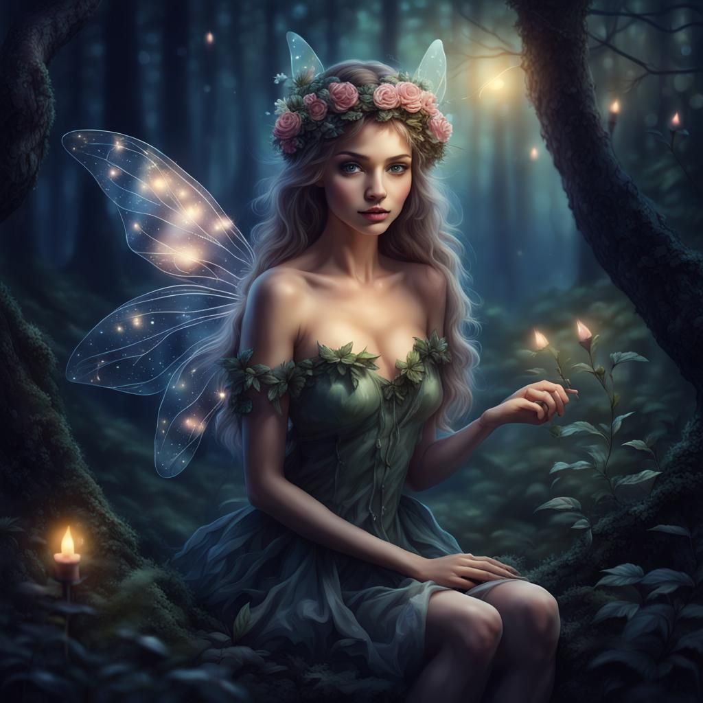 Fairy in Magical Dark Forest at Night