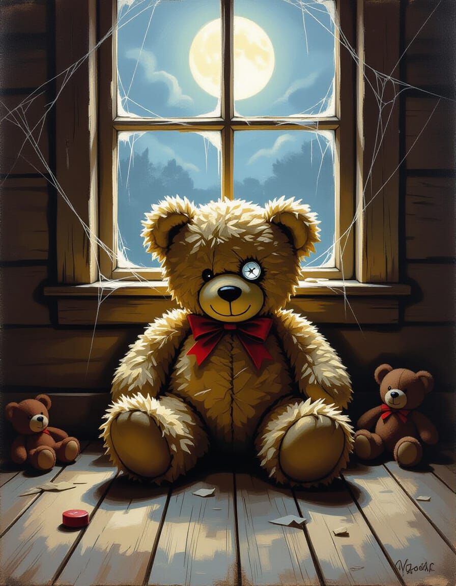 Tattered Teddy Bear in Dusty Attic Oil Painting