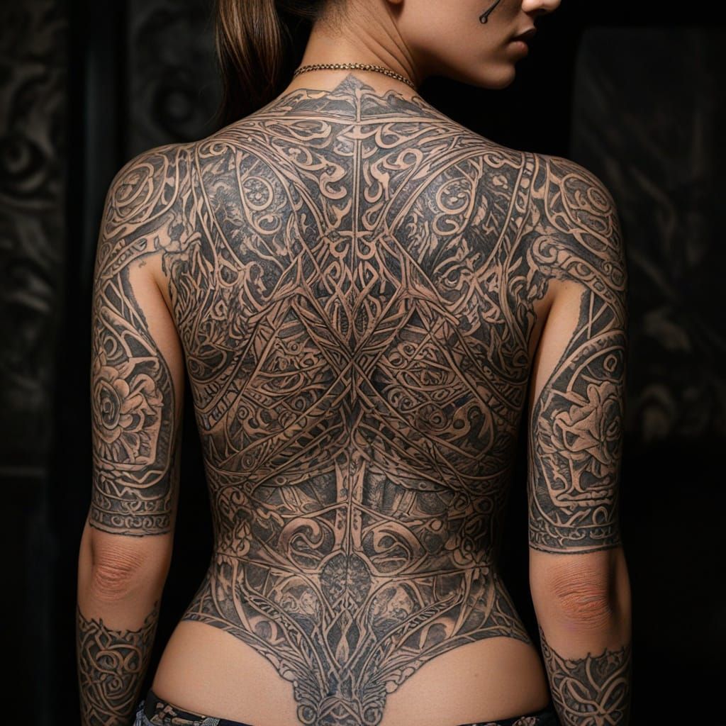 Woman with Intricate Body Tattoo in HDR