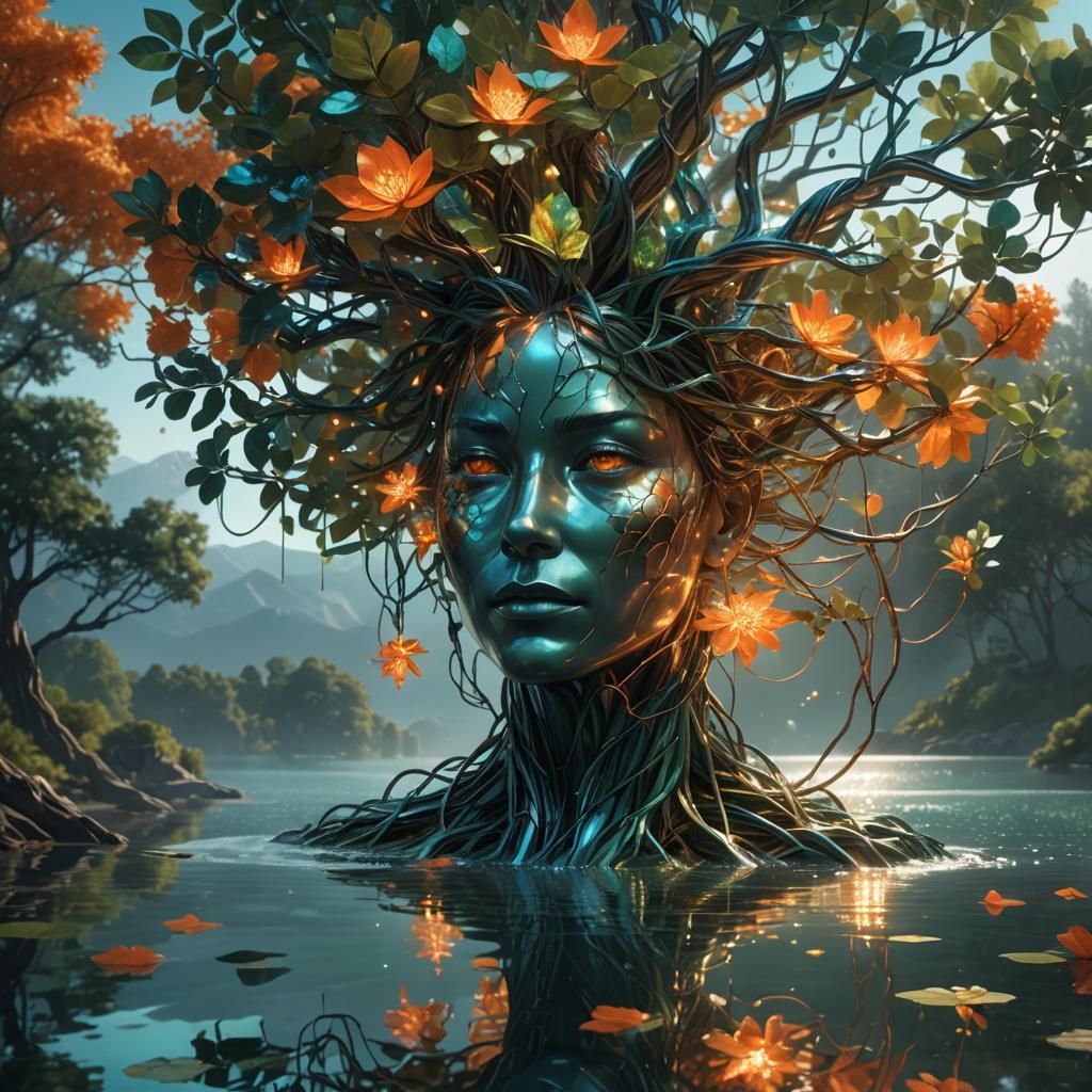 Metallic Tree with Electronic Flowers in Hyper-Realistic Sty...