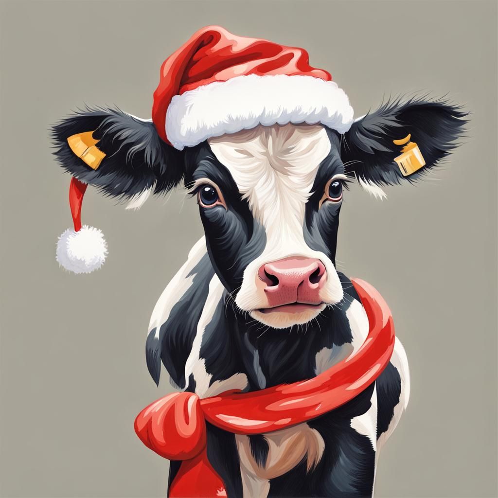 Festive Baby Cow in Christmas Hat: Gouache Painting