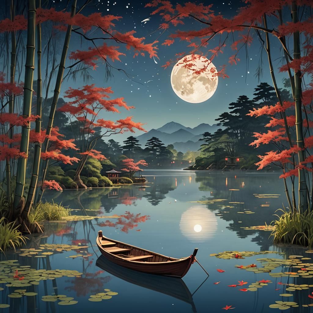 Dreamy Lakeside Scene with Fireflies and Moon