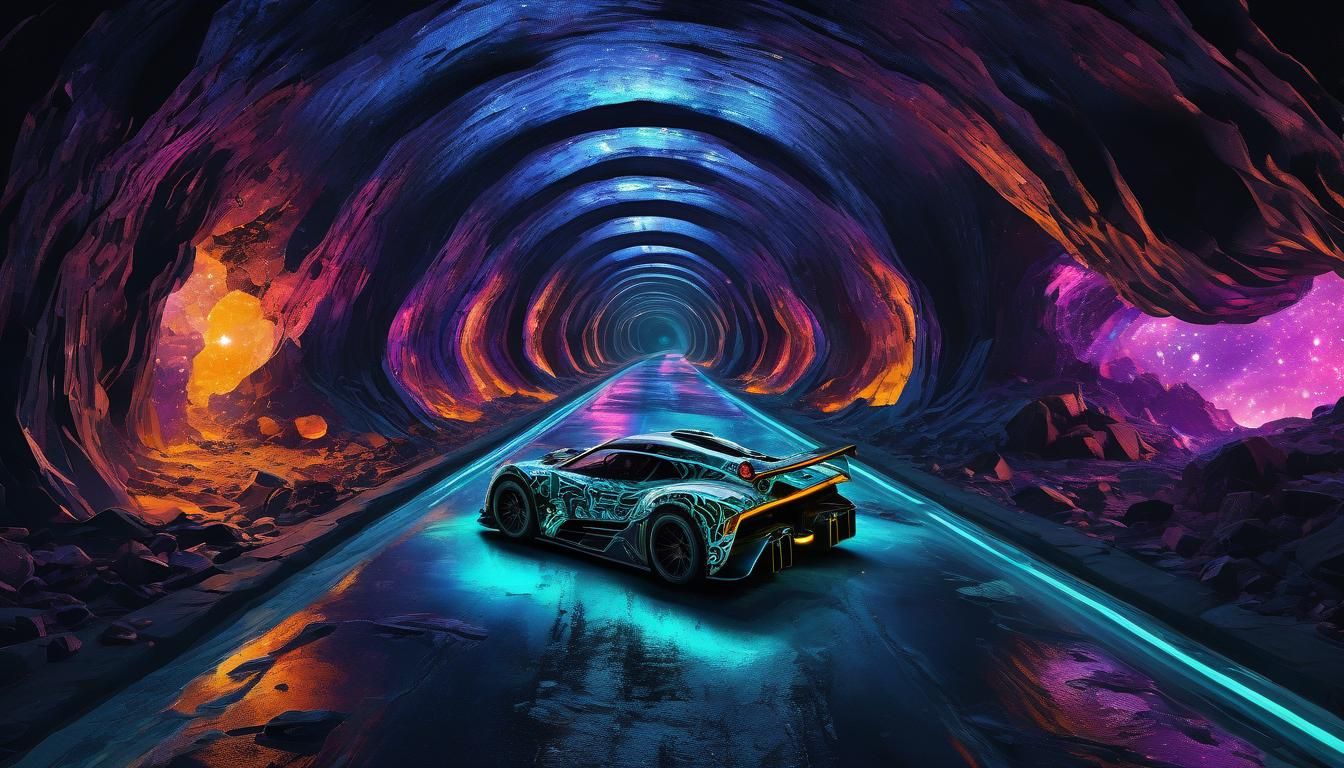 Cyberpunk Racecars in Amethyst Cave, Klimt-Picasso Style