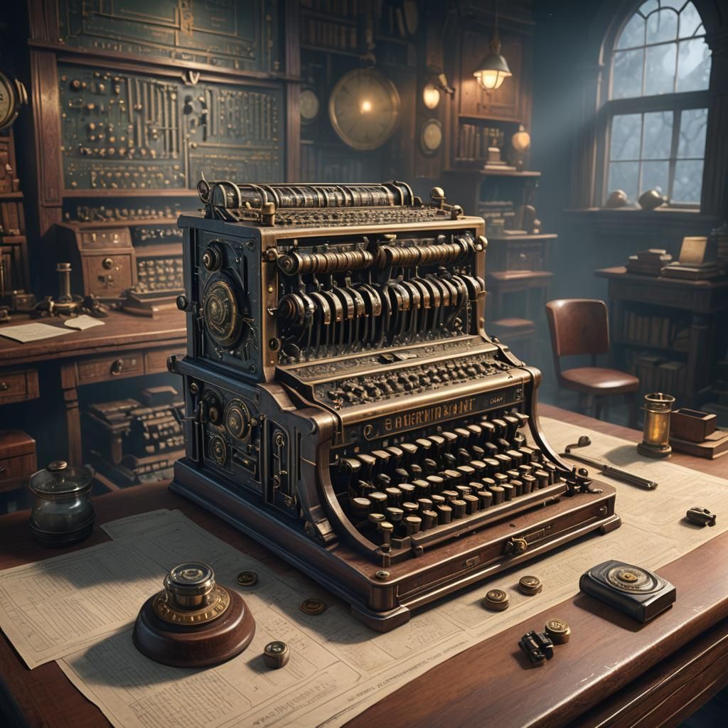 Enigma Machine in Vintage Room, Detailed Matte Painting