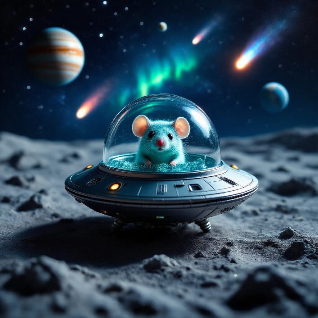 Alien Spaceship with Chibi Mouse on Moon