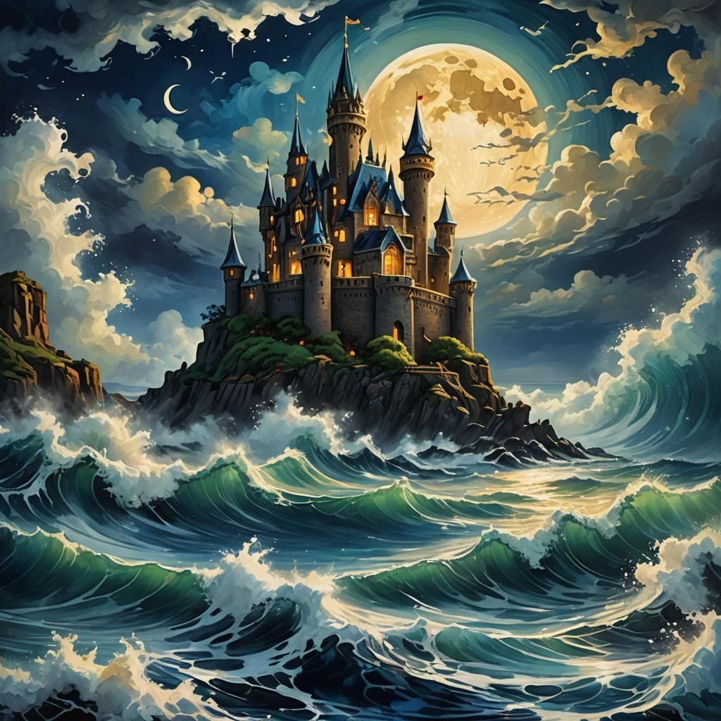 Fantasy Moonlit Castle Seascape with Bioluminescence