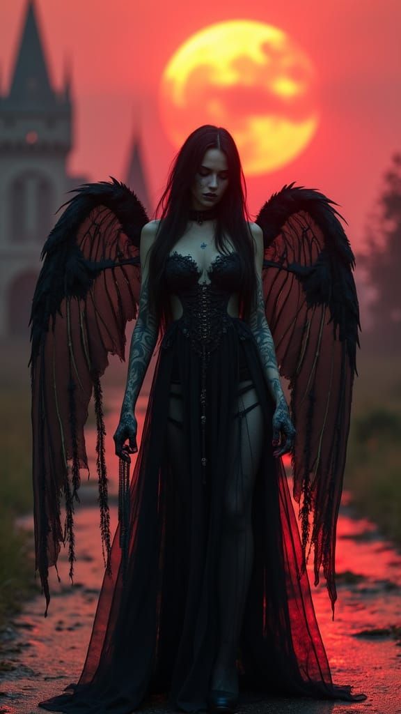 Ethereal Fallen Angel Vogue in Glowing Sunset