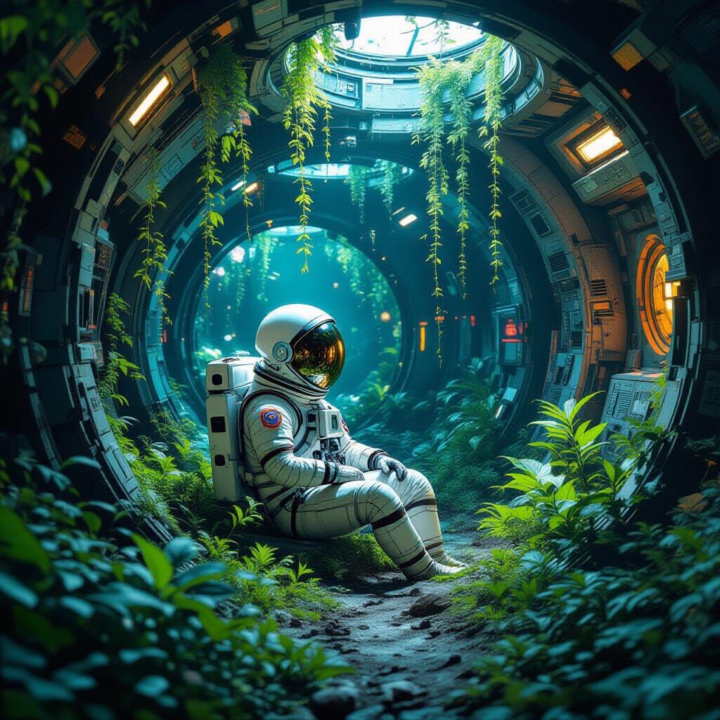 Astronaut in Bioluminescent Spaceship Garden, Concept Art