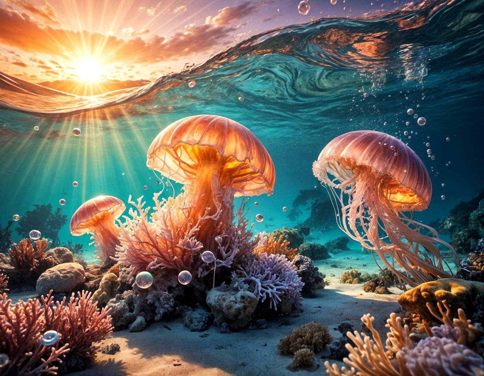 Surreal Sunset Beach Scene with Jellyfish and Coral