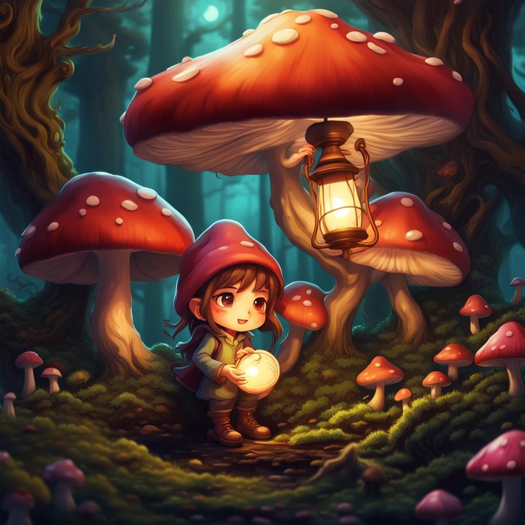 Chibi in Enchanted Forest with Luminous Mushrooms