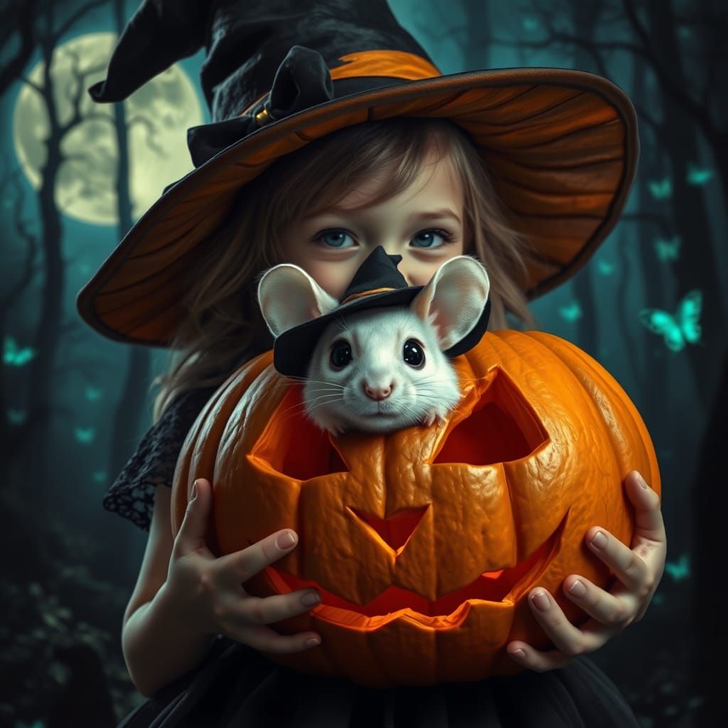 Happy Witch Girl with Mouse in Moonlit Forest