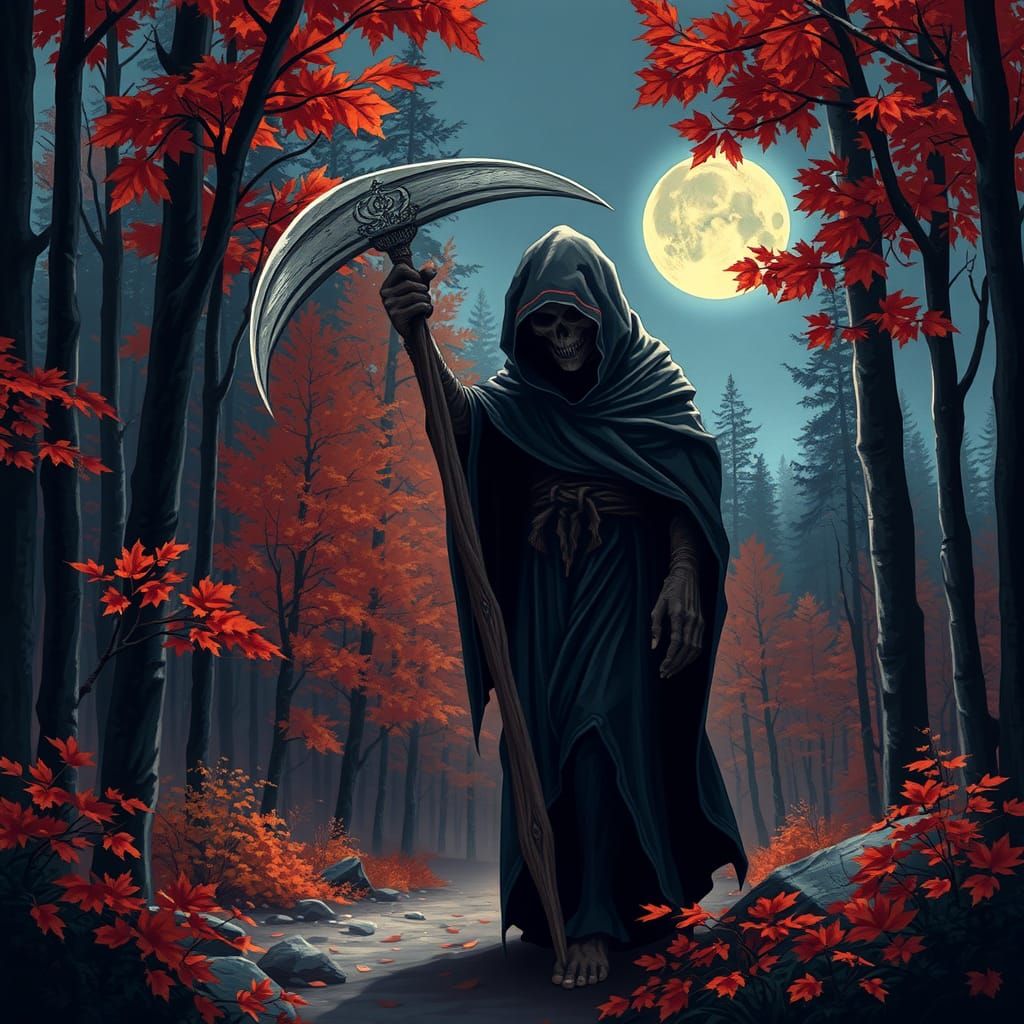 Grim Reaper in Autumn Forest, Fantasy Art