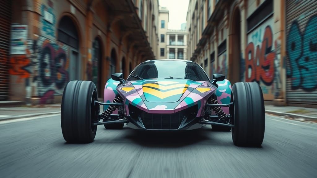 Cyberpunk Lunar Buggy in Brutalist Street