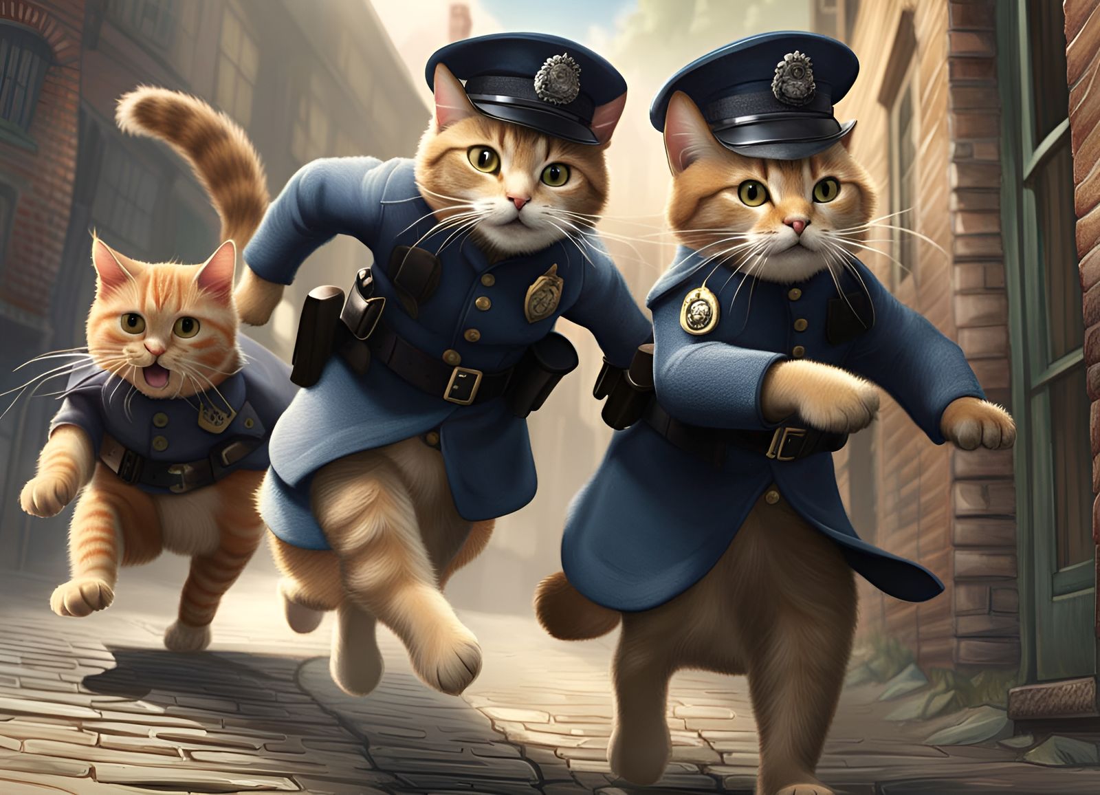 Policemen Cats Chase Thug in Beatrix Potter Style