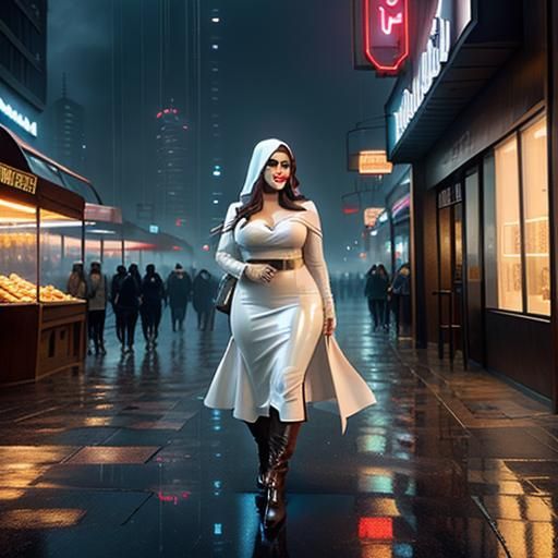 Charming Arabic Woman in Rainy Futuristic City