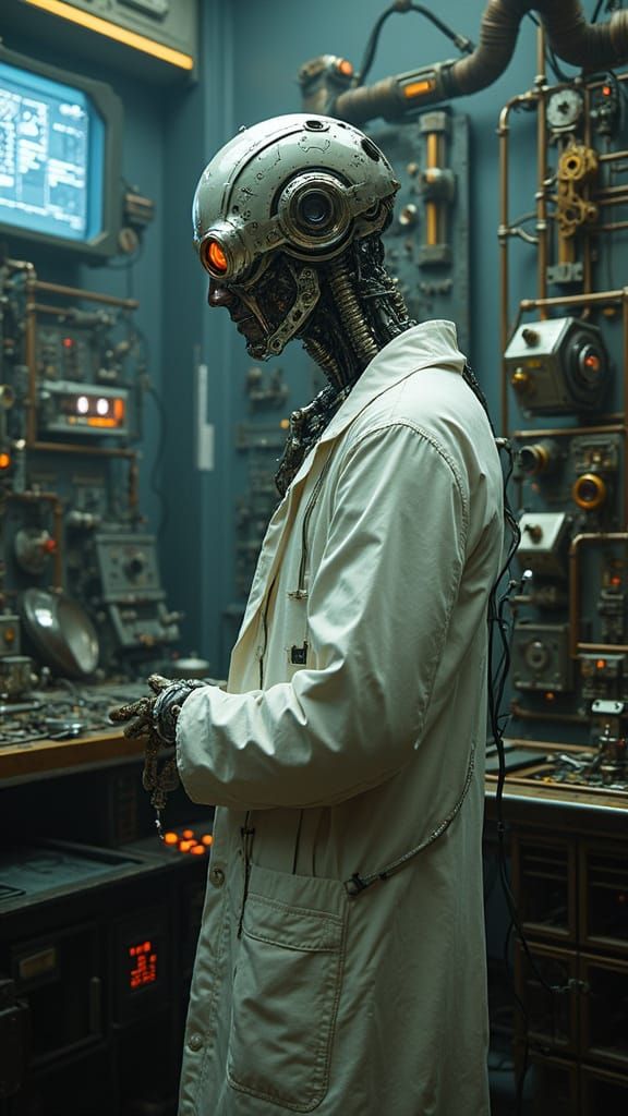 Cybernetic Mad Scientist in Dystopian Laboratory of Techno-O...