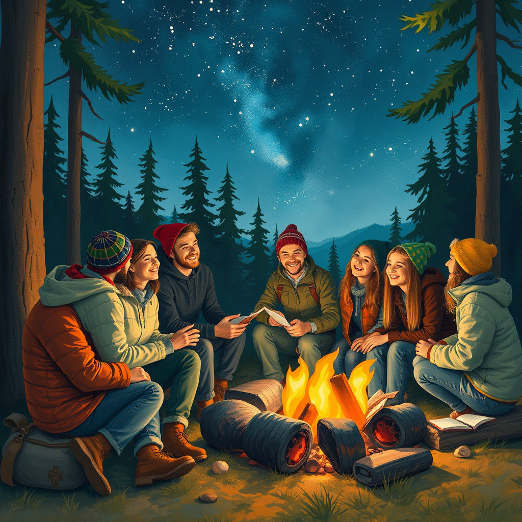 Friends Gathered Around Campfire Under Stars