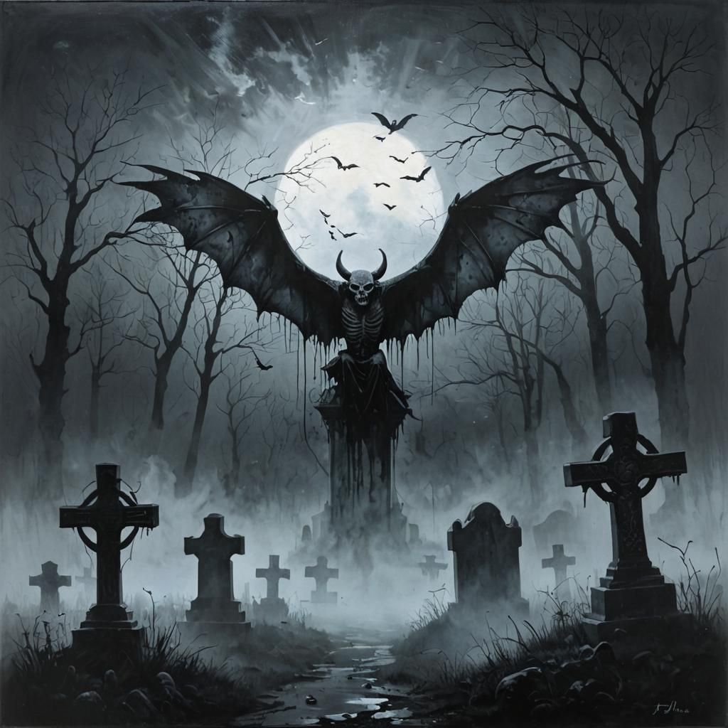 Bat, Foggy Graveyard, Acrylic pour, Symbolism, Andreas Lie