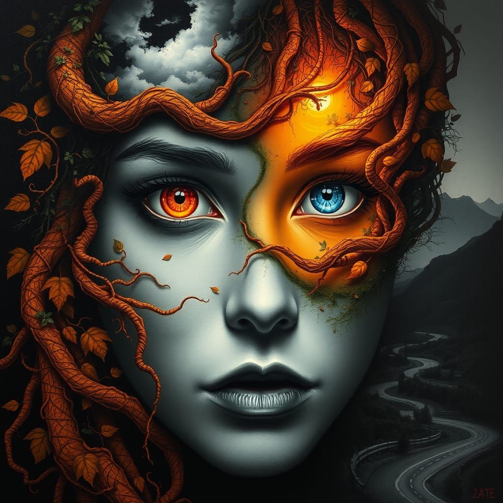 Surreal Face Merging Nature and Road