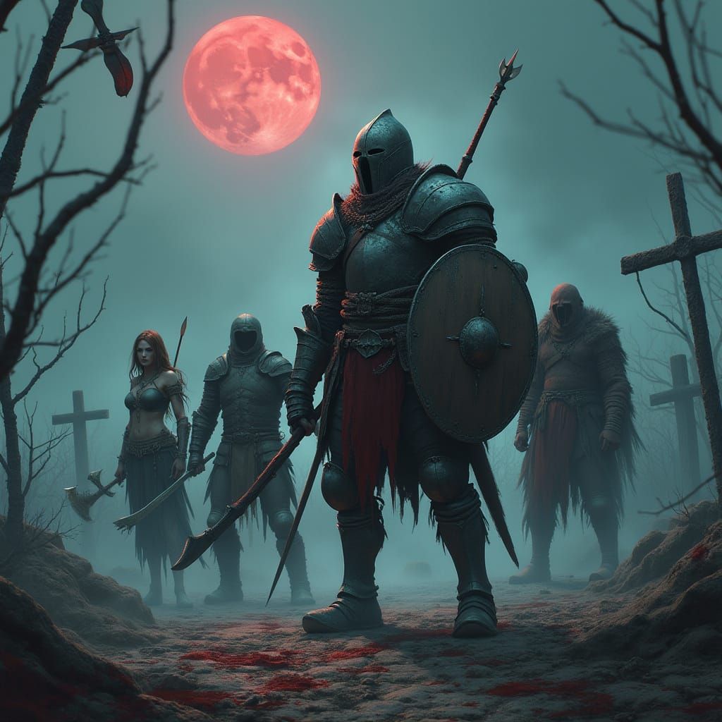 Mercenaries Surrounded by Demons in Foggy Cemetery