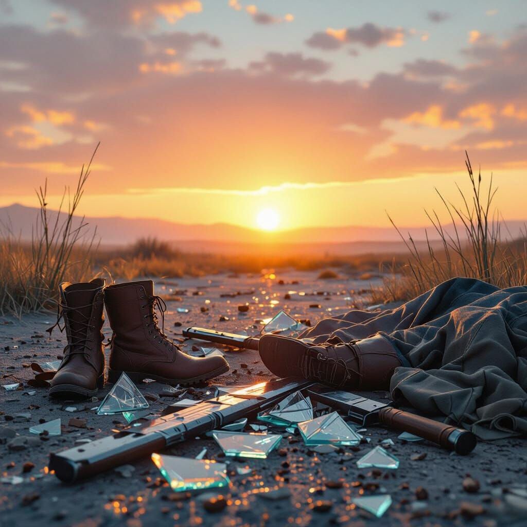 Hopeful Sunrise Over Shattered Glass and Weapons