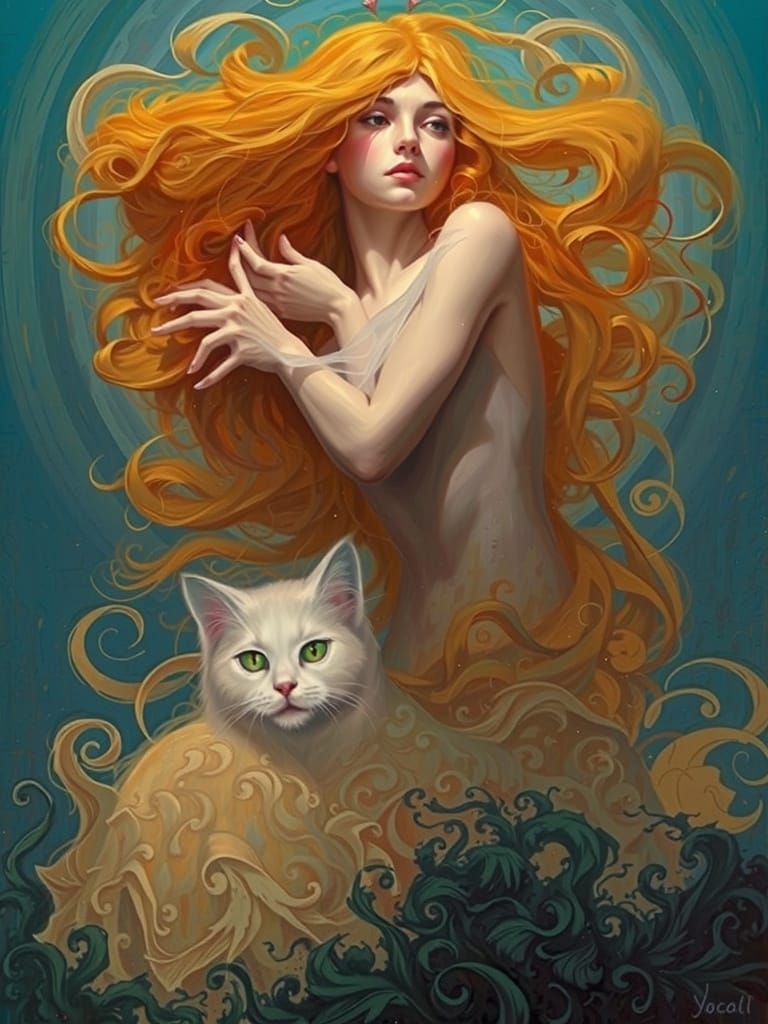 Ethereal woman and cat with flowing smokey red hair
