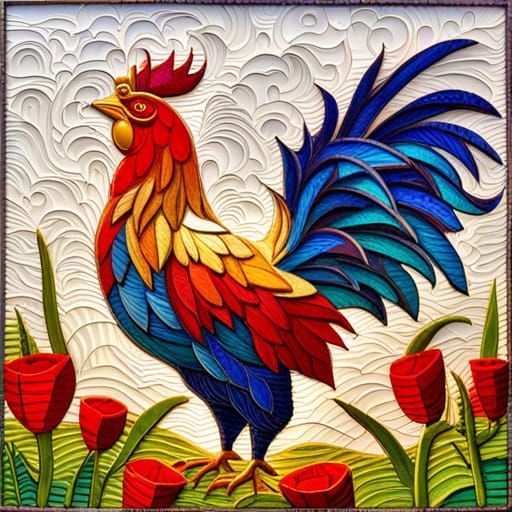 Phoenix Rooster in Wildflower Field as Stained Glass
