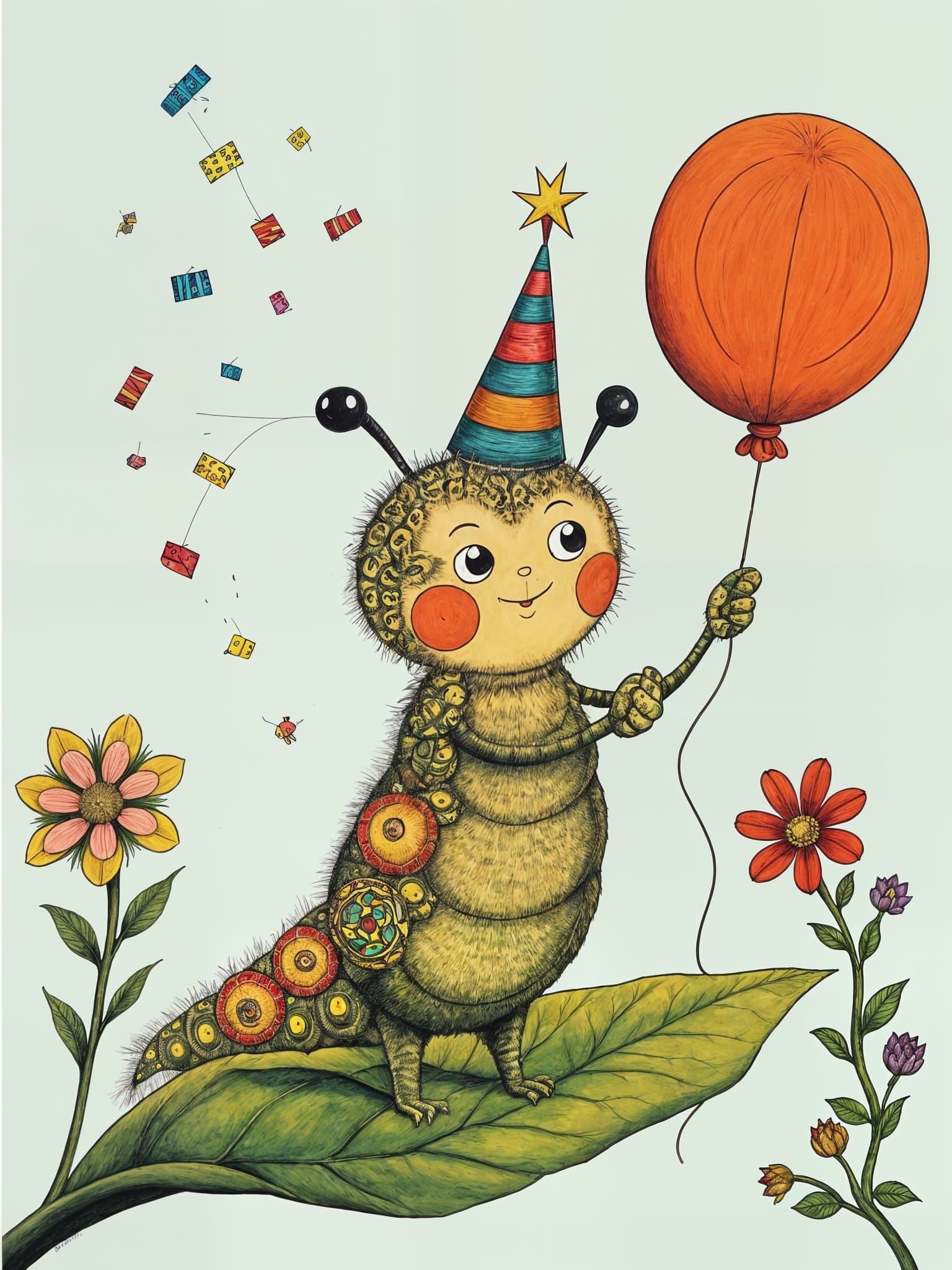 Excited Caterpillar's Birthday in Whimsical Style