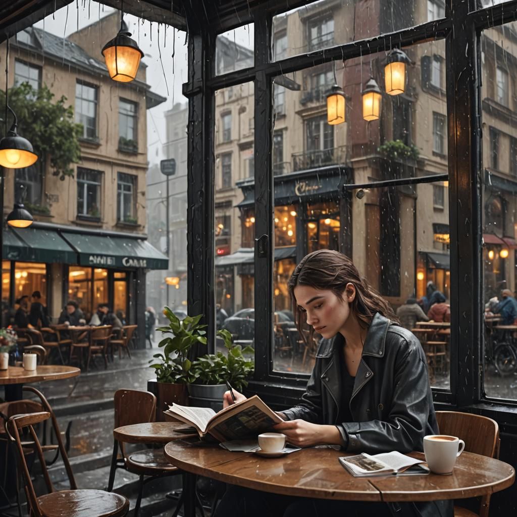 Cafe Rainy Day: Woman Reads, Detailed Matte Painting