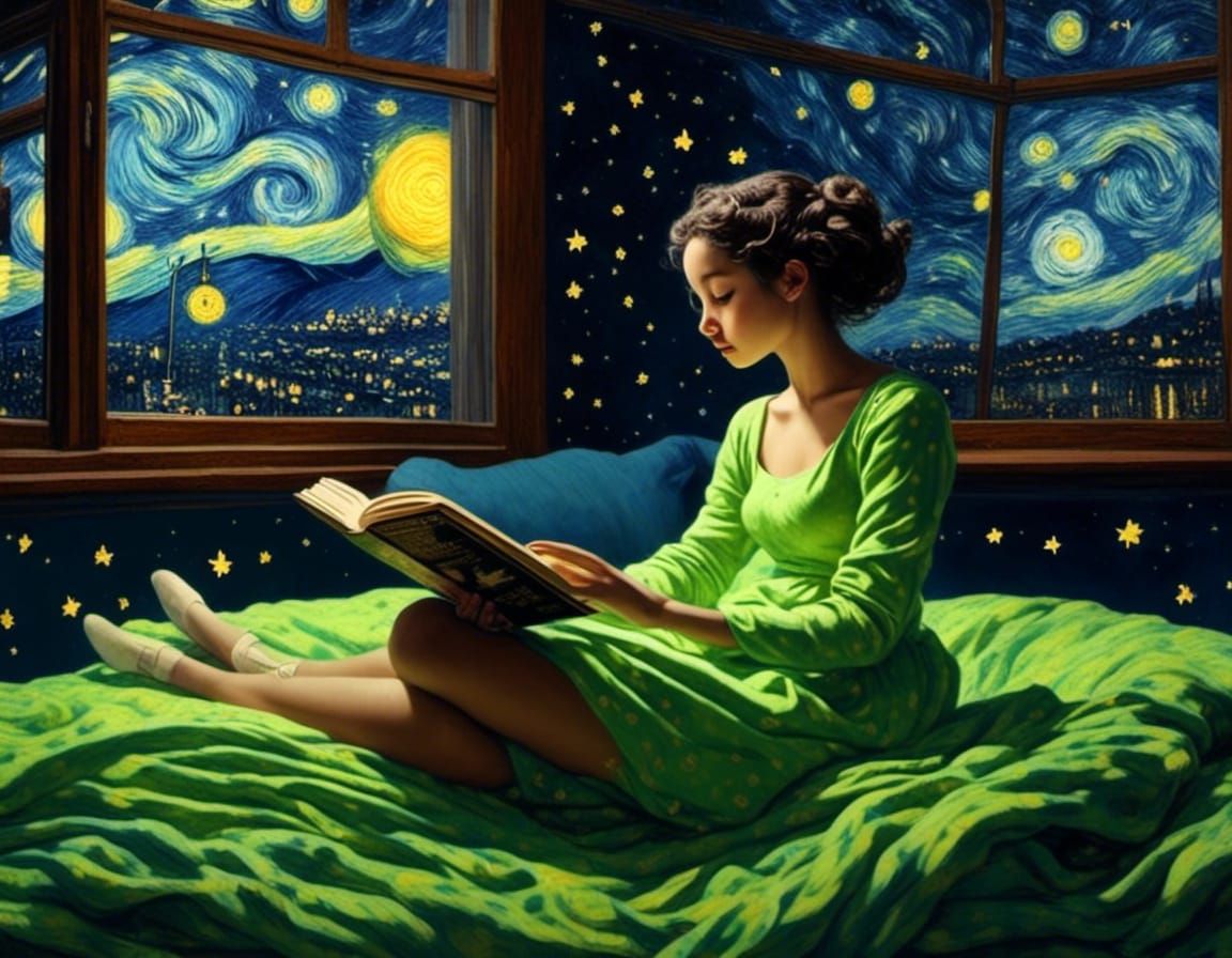 Girl Reading at Night in Van Gogh Style