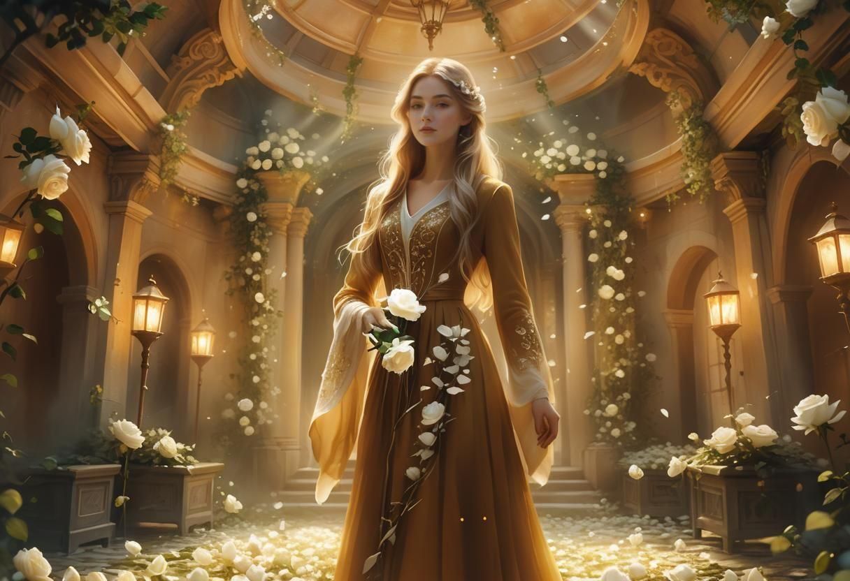 Woman Creating White Roses in Natural Setting