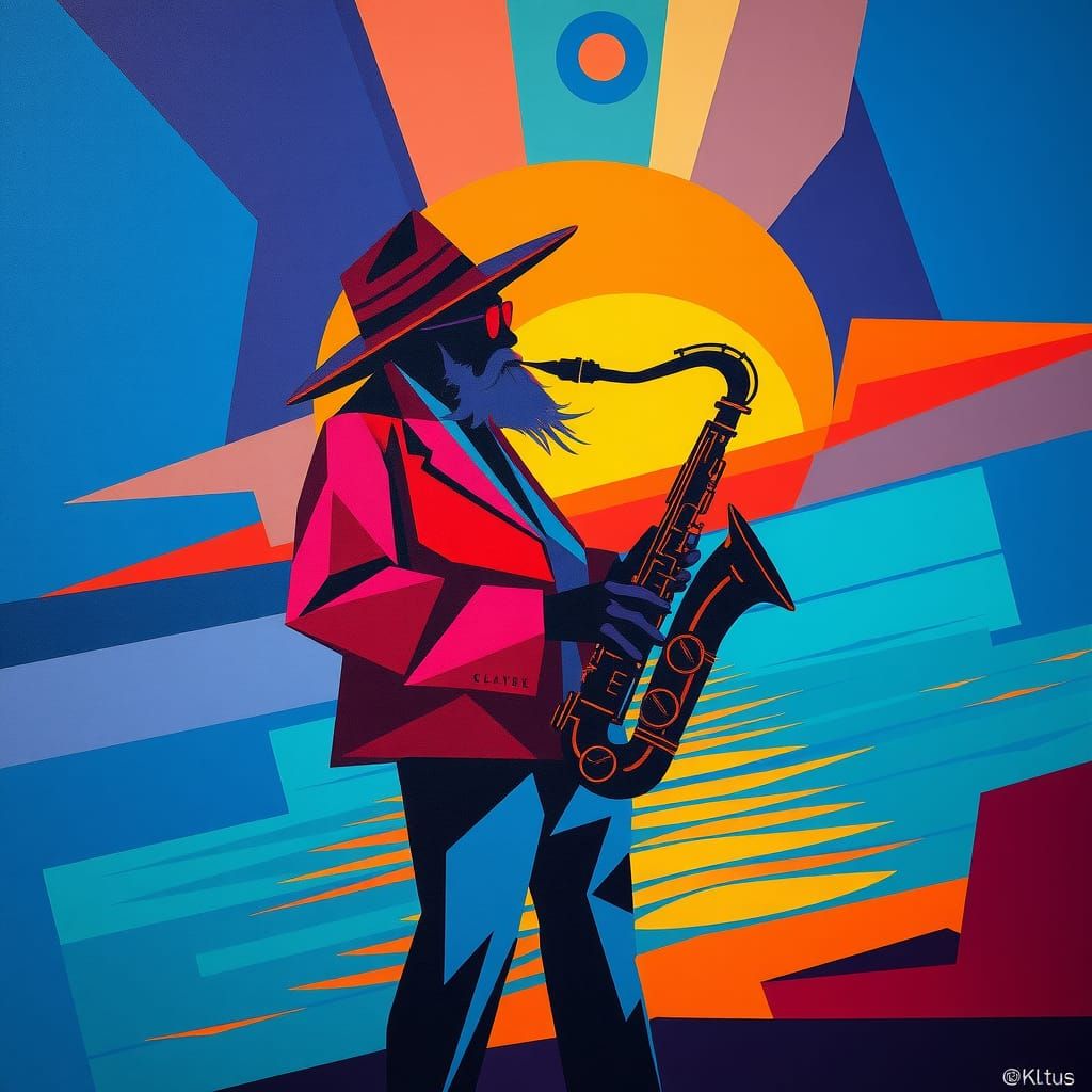 Cubist Fisherman's Sunset Serenade: A Digital Matte Painting