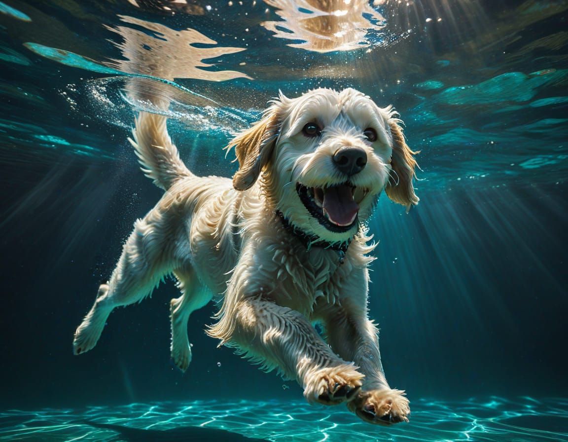 Photorealistic Underwater Scene of a Golden Groodle Swimming...