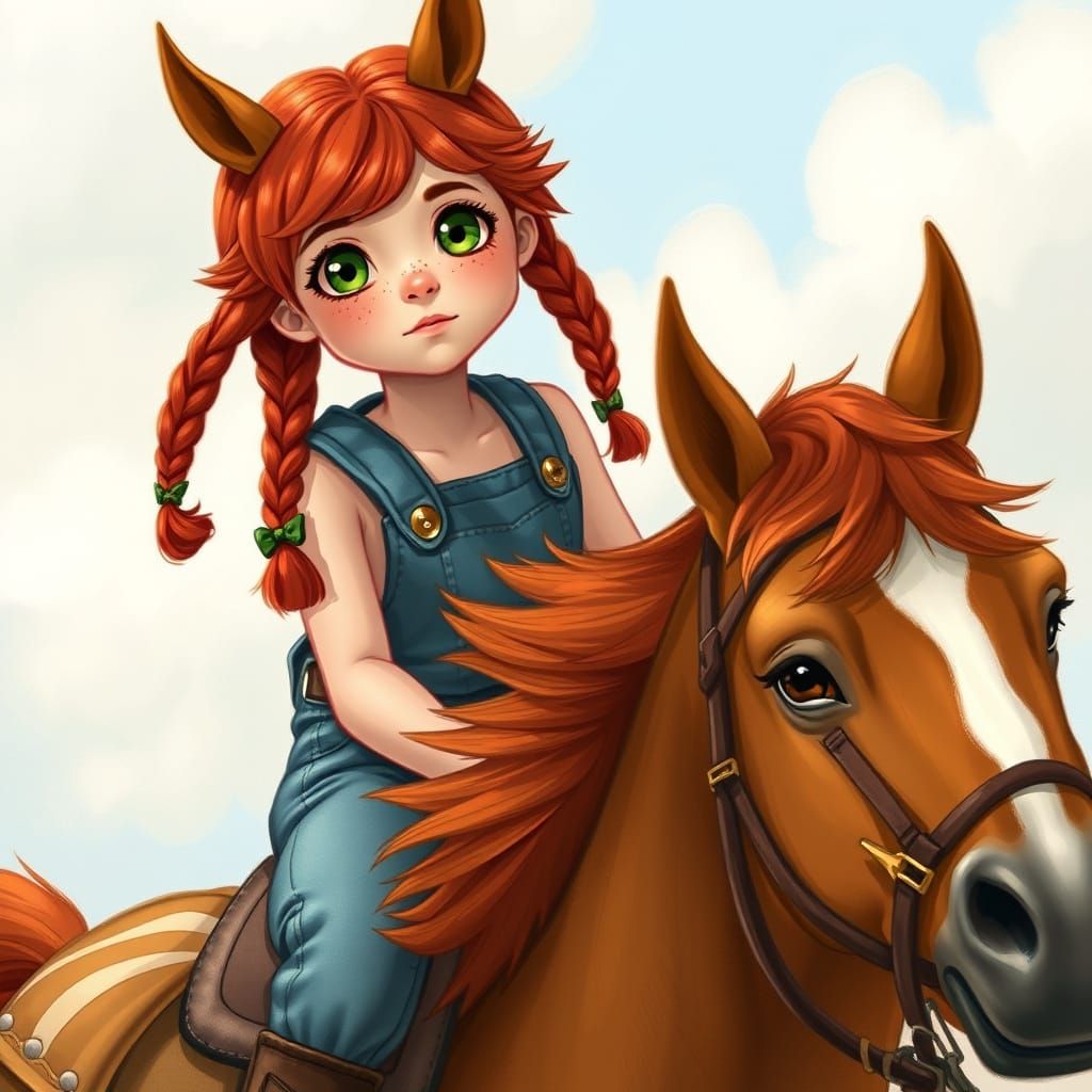 Red-Haired Girl on Mustang in Dreamy Illustration