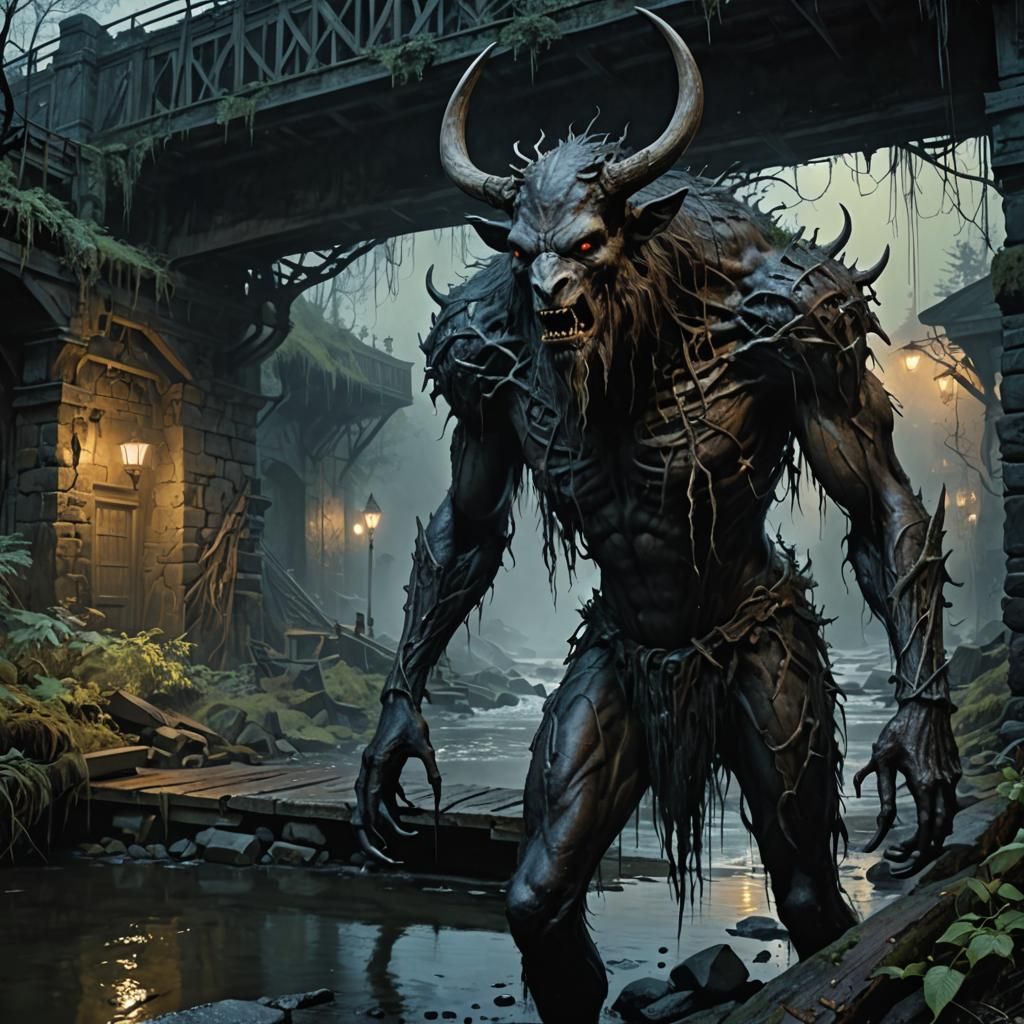 Wendigo Portrait Under Bridge in Matte Painting Style