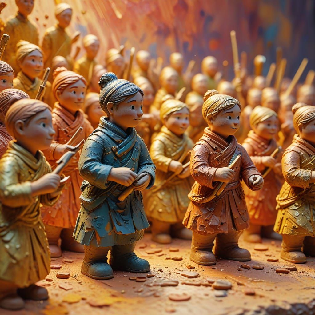 Dynamic Clay Figures in Gouache Impasto Style