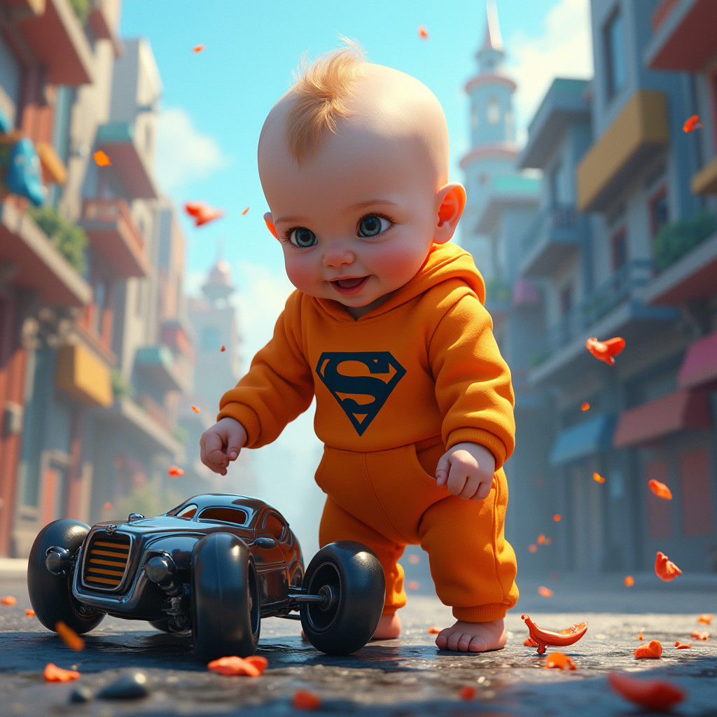 Baby Superhero Lifts Car in a Matte Painting