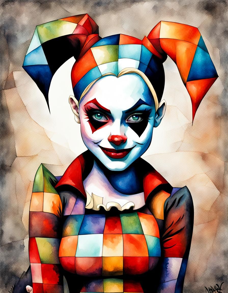 Halloween Harley Quinn in Cubist Watercolor Style