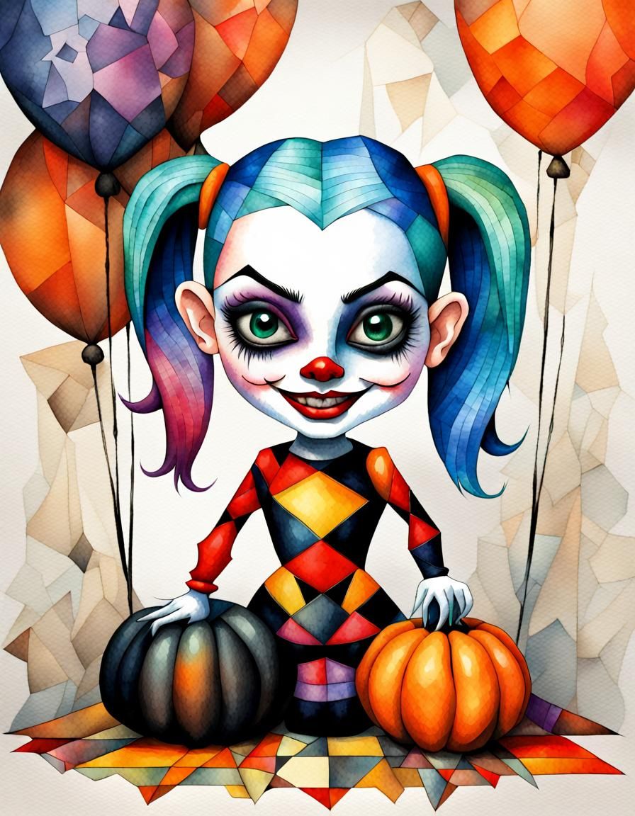 Halloween Harley Quinn in Cubist Watercolor Style