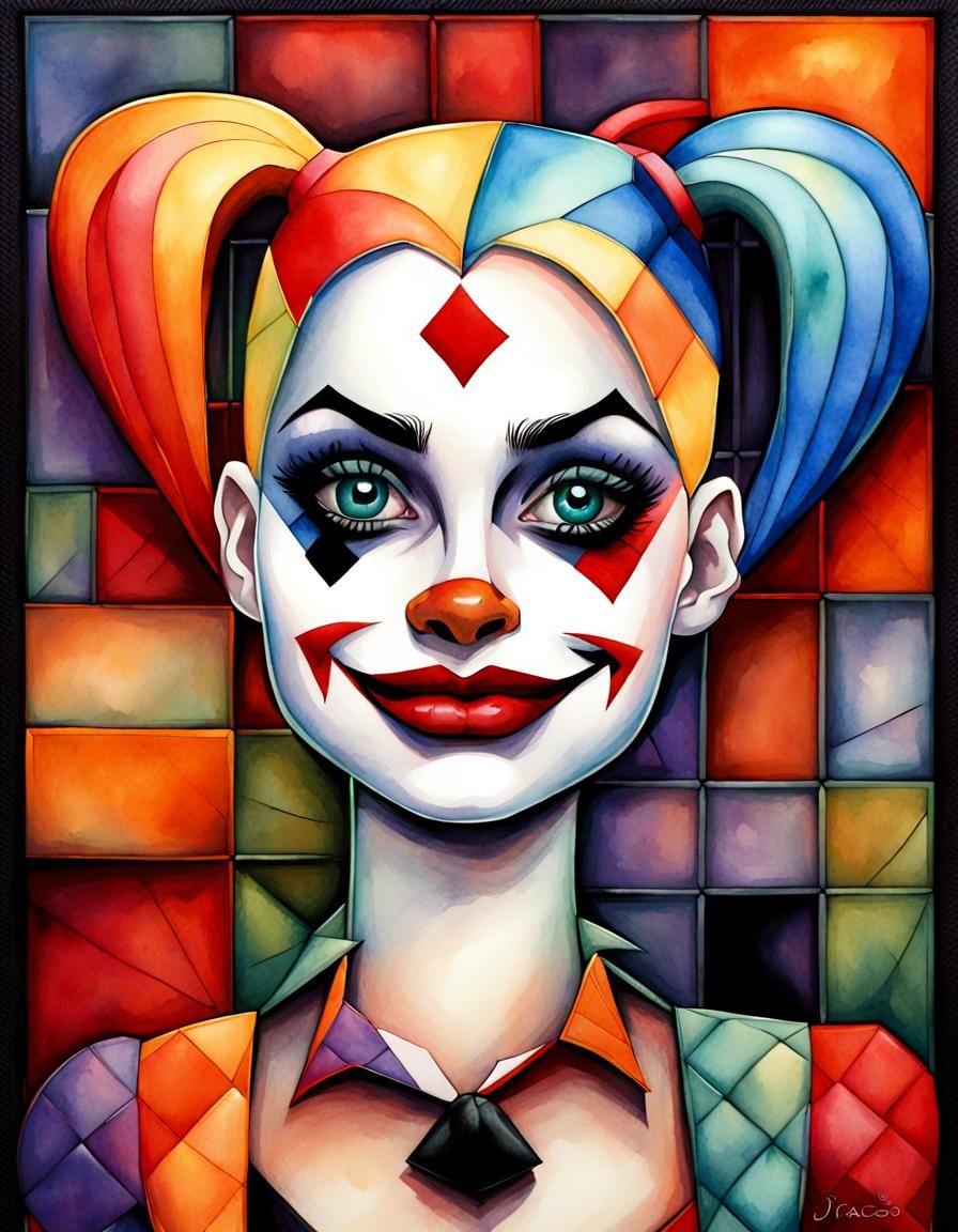 Halloween Harley Quinn in Cubist Aquarelle Style
