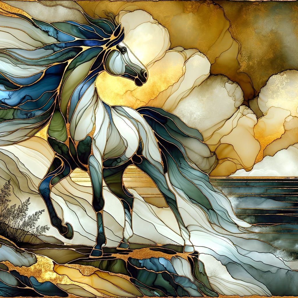Horse on Windy Cliff in Alcohol Ink Style