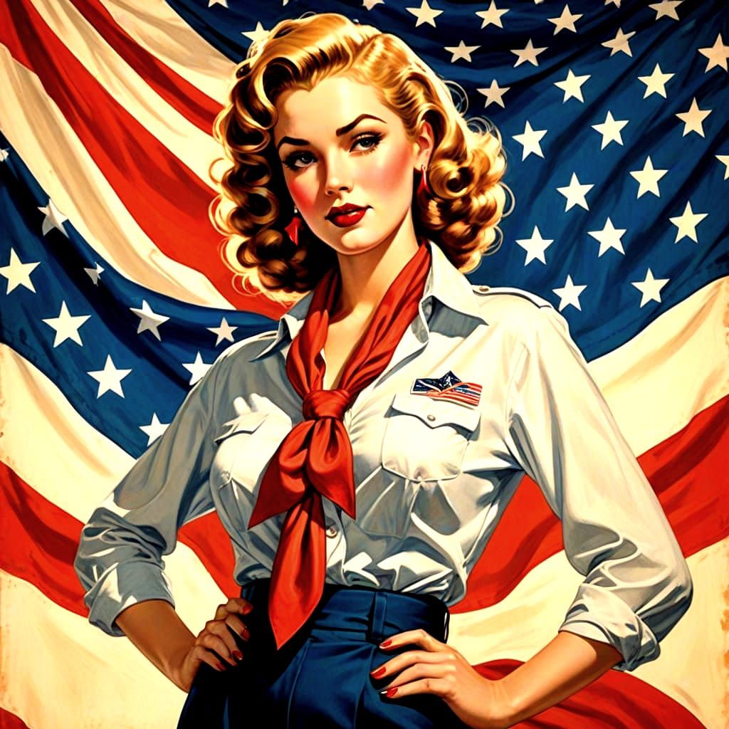 Chloé Fineman as 1940s Pin-Up Woman in Patriotic Poster