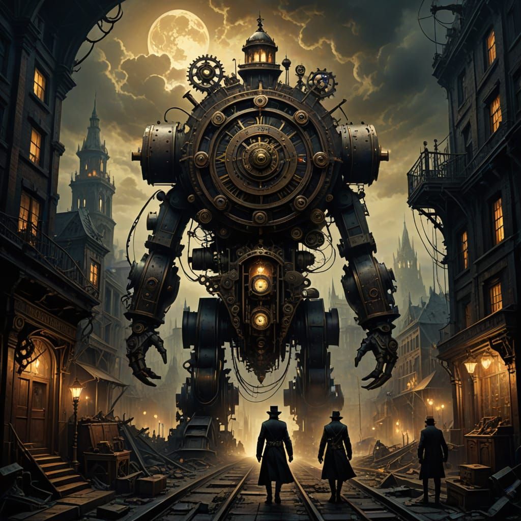 Steampunk Cityscape with Lone Figure in Surreal Digital Pain...