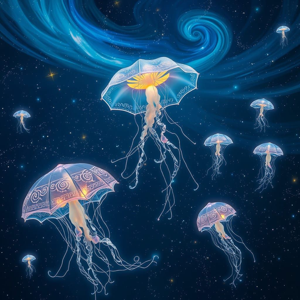 Dreamlike Cosmos Scene with Iridescent Jellyfish-Like Beings...