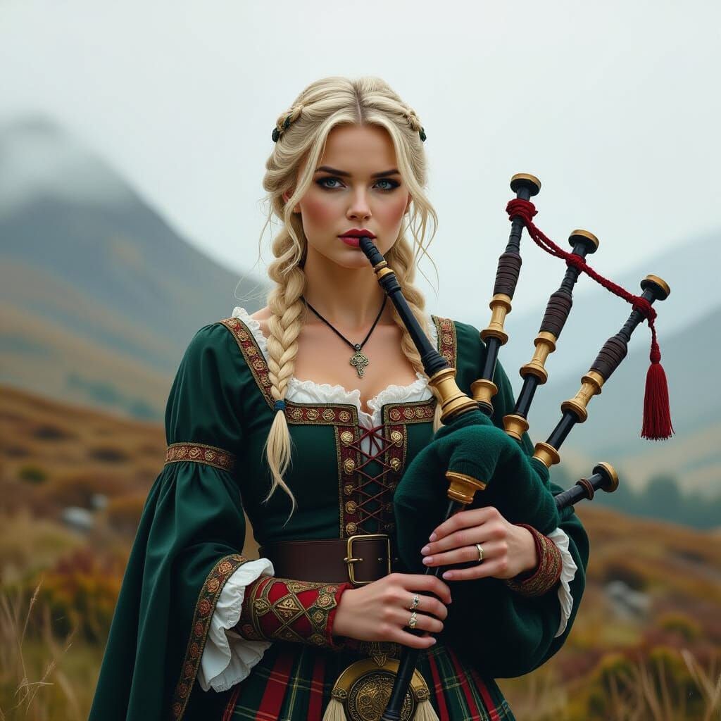 Scottish Piper Woman in Misty Highlands