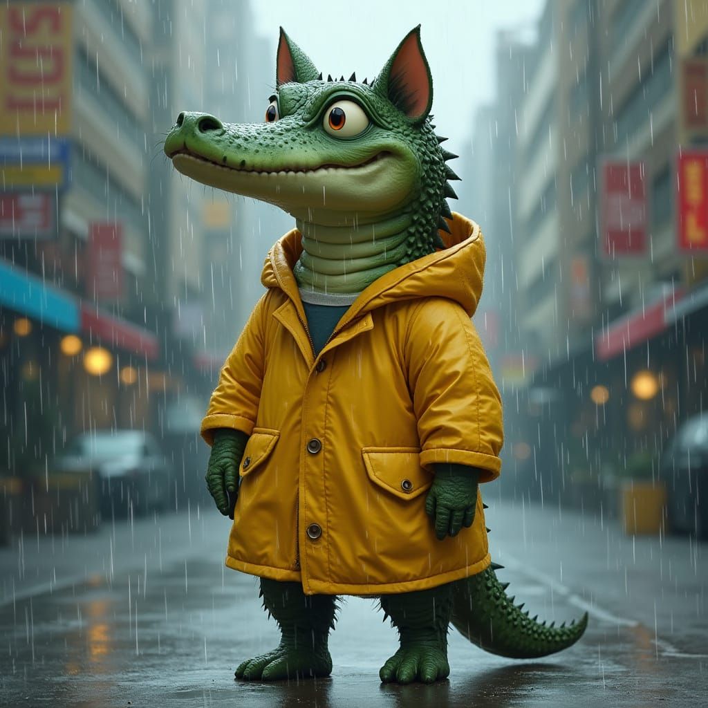 Cyberpunk Feline Allegory in Rainy City