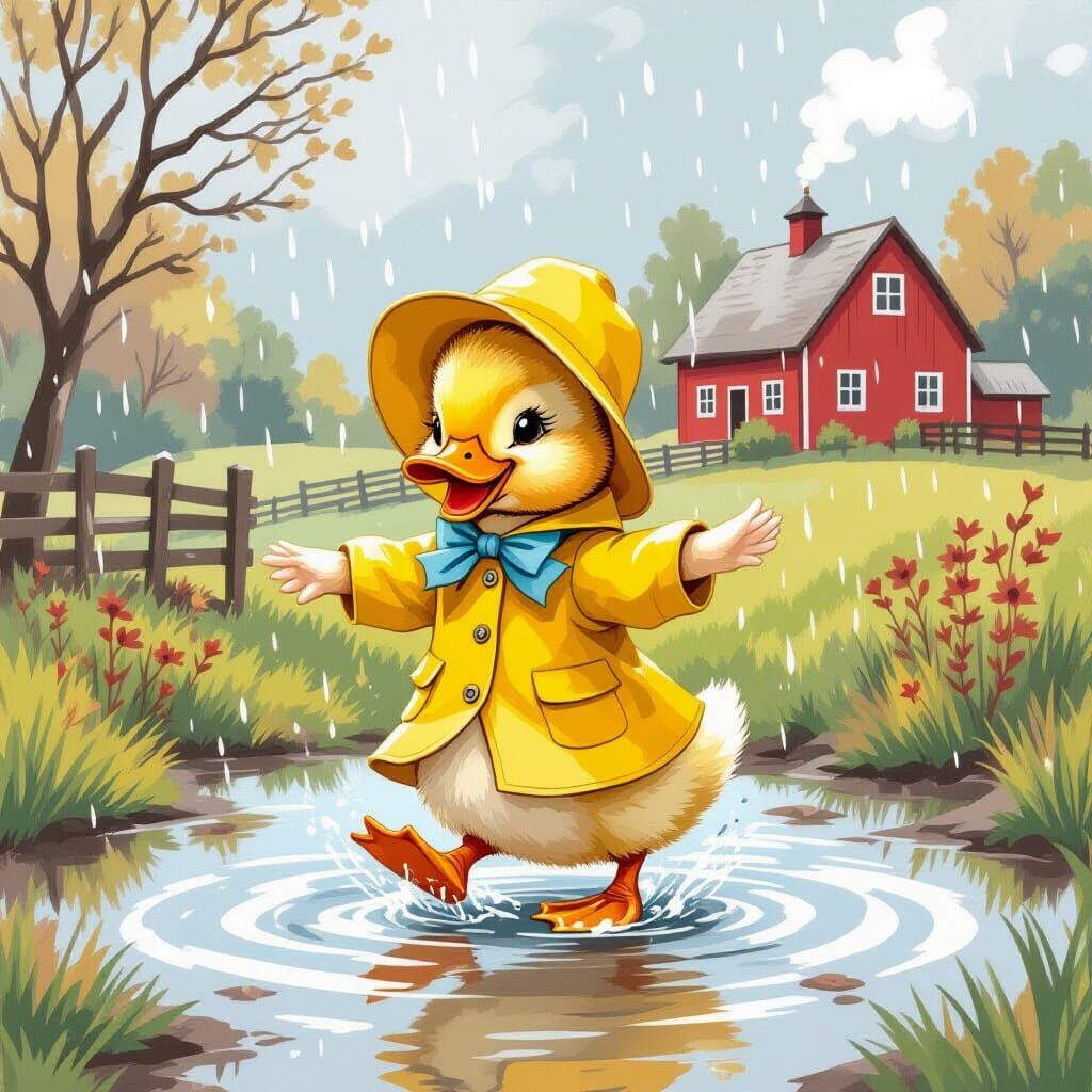 Duckling Dancing in Rain Inspired by Beatrix Potter