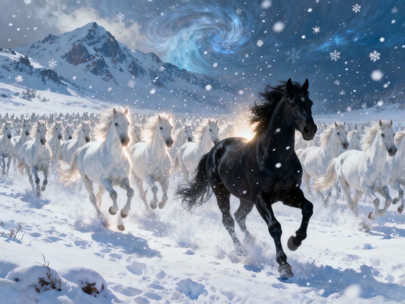 Majestic White Horses Gallop Through Snowstorm