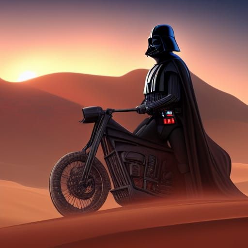 Darth Vader Rides Motorcycle at Desert Sunrise