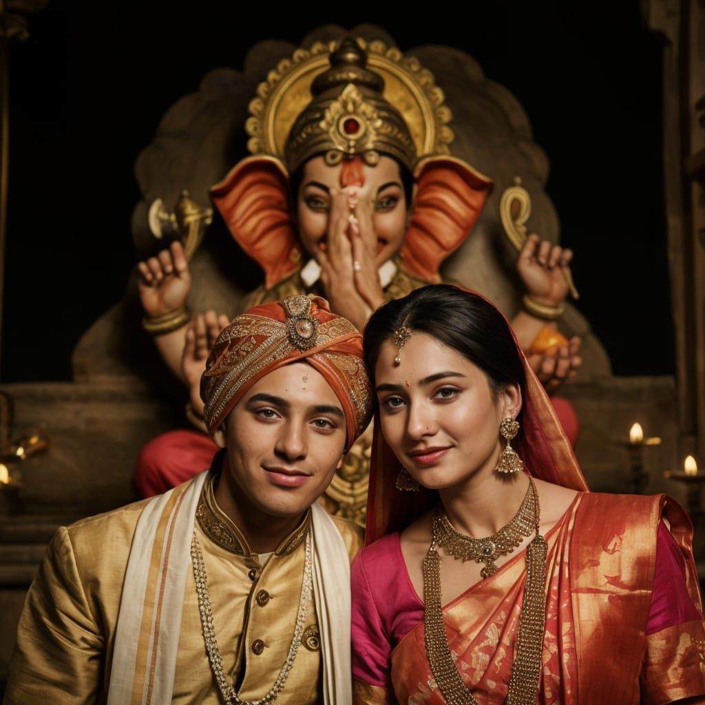 Indian Couple Worshipping at Ganesh Temple in Traditional At...